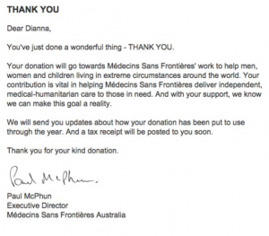 Medecins sans Frontieres online thank you letter